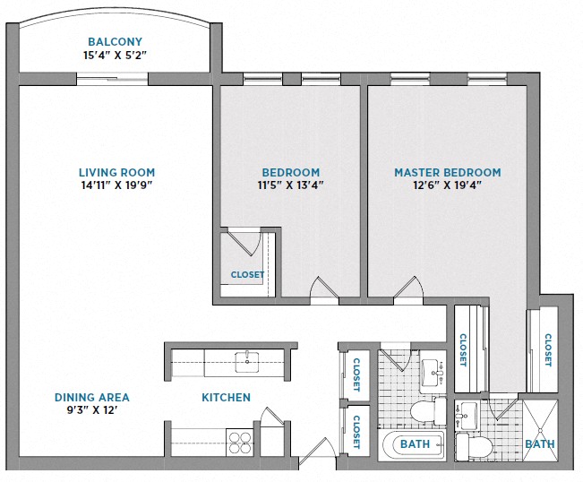 Floor plan for 2 beds, 2 baths, 1200 sqft